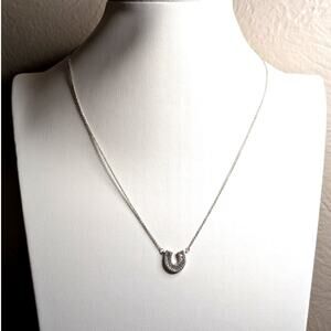 Silver Tone Baguette CZ Sparkling Horseshoe Pendant 16"-18" Necklace